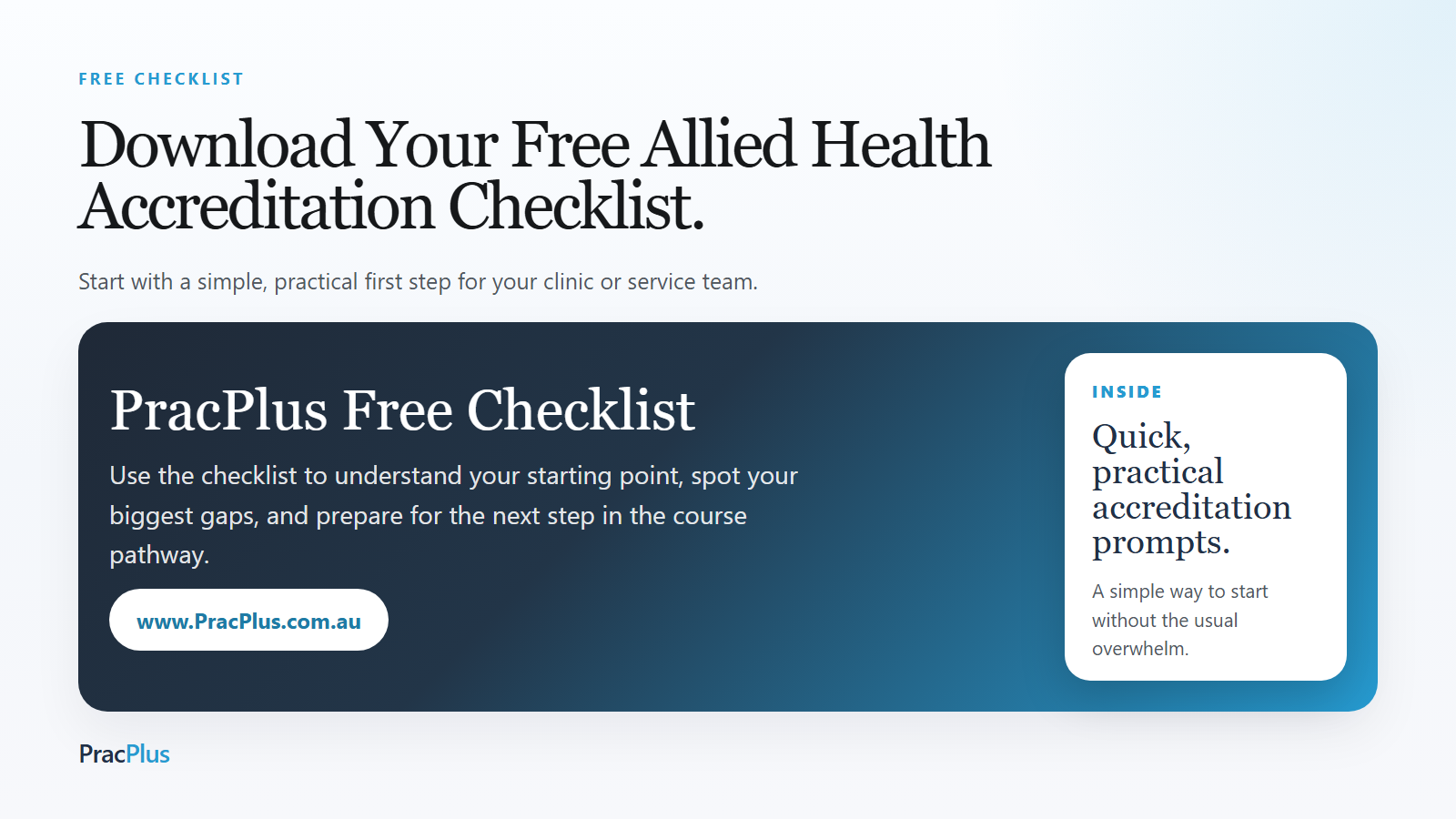 Download the free PracPlus allied health practice accreditation checklist at PracPlus.com.au